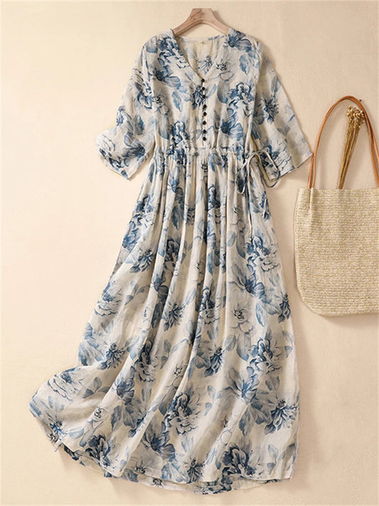 Cotton Short Sleeve Print Vintage Long Dress for Women | New Summer Casual Loose Dress | Femme Robe Vestidos Elegant Clothing V178 | Alo Trendy