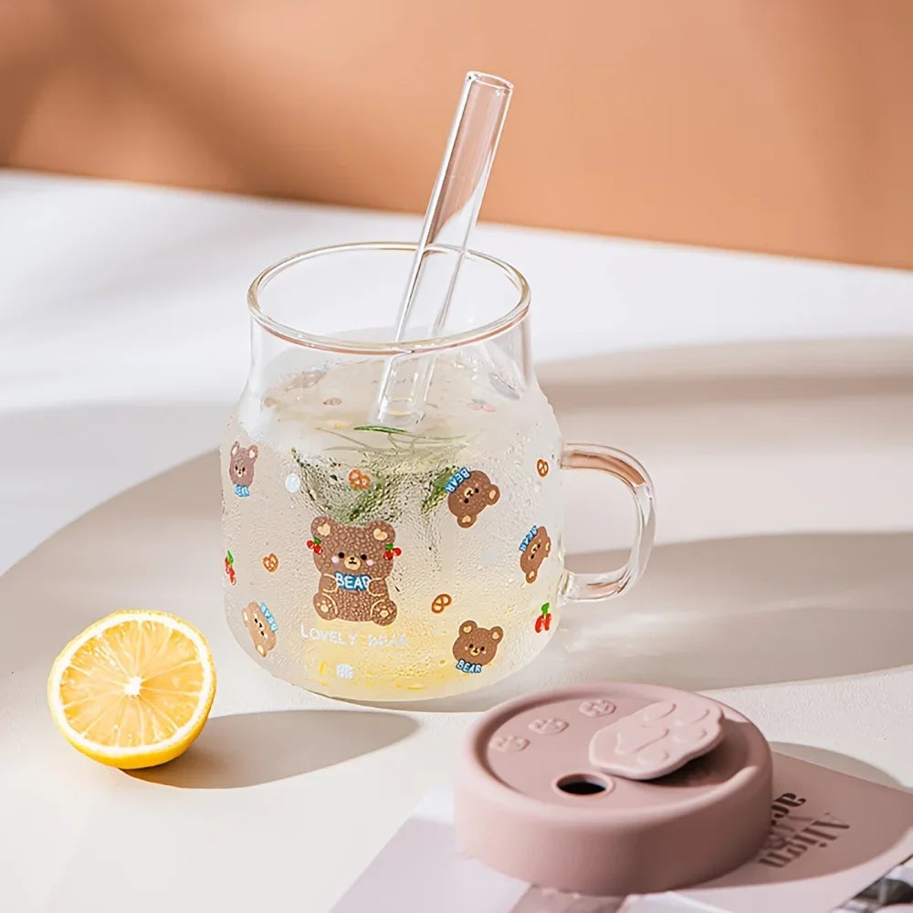 1pc 500ml Cartoon Bear Glass Cup With Lid And Straw | High Borosilicate Water Mug With Handle | Iced Coffee Cups Drinking Glasses | Alo Trendy