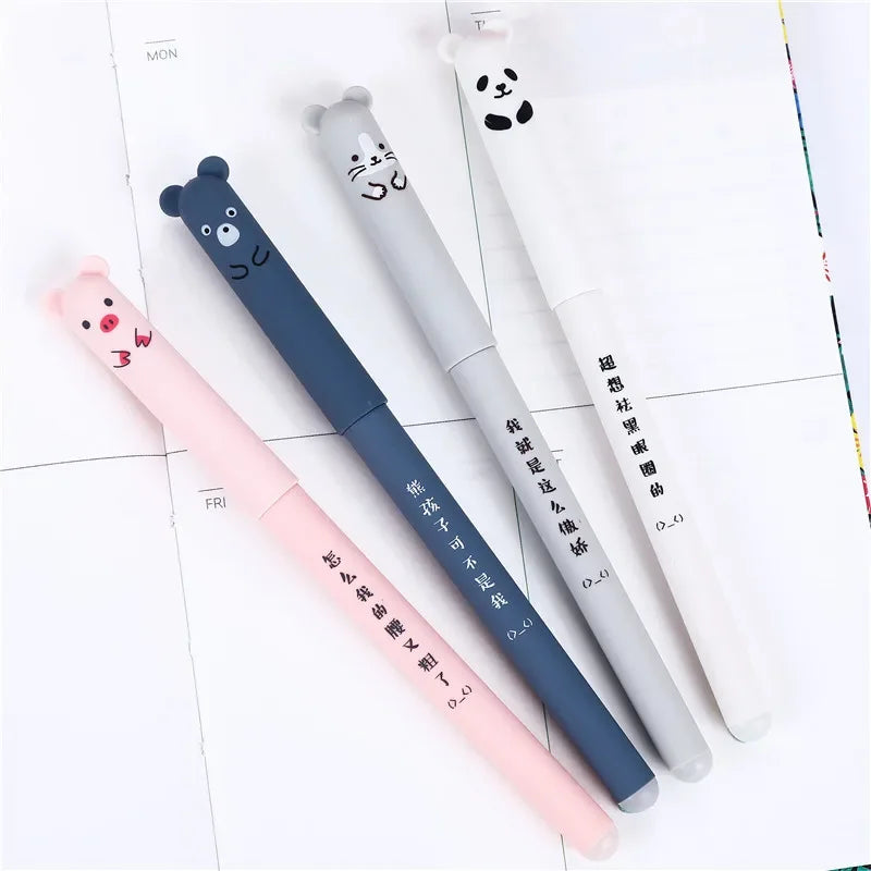 Kawaii Pig Bear Cat Mouse Erasable Gel Pen Set | School Office Supplies Stationery Gift 0.35mm Blue Black Ink | Alo Trendy