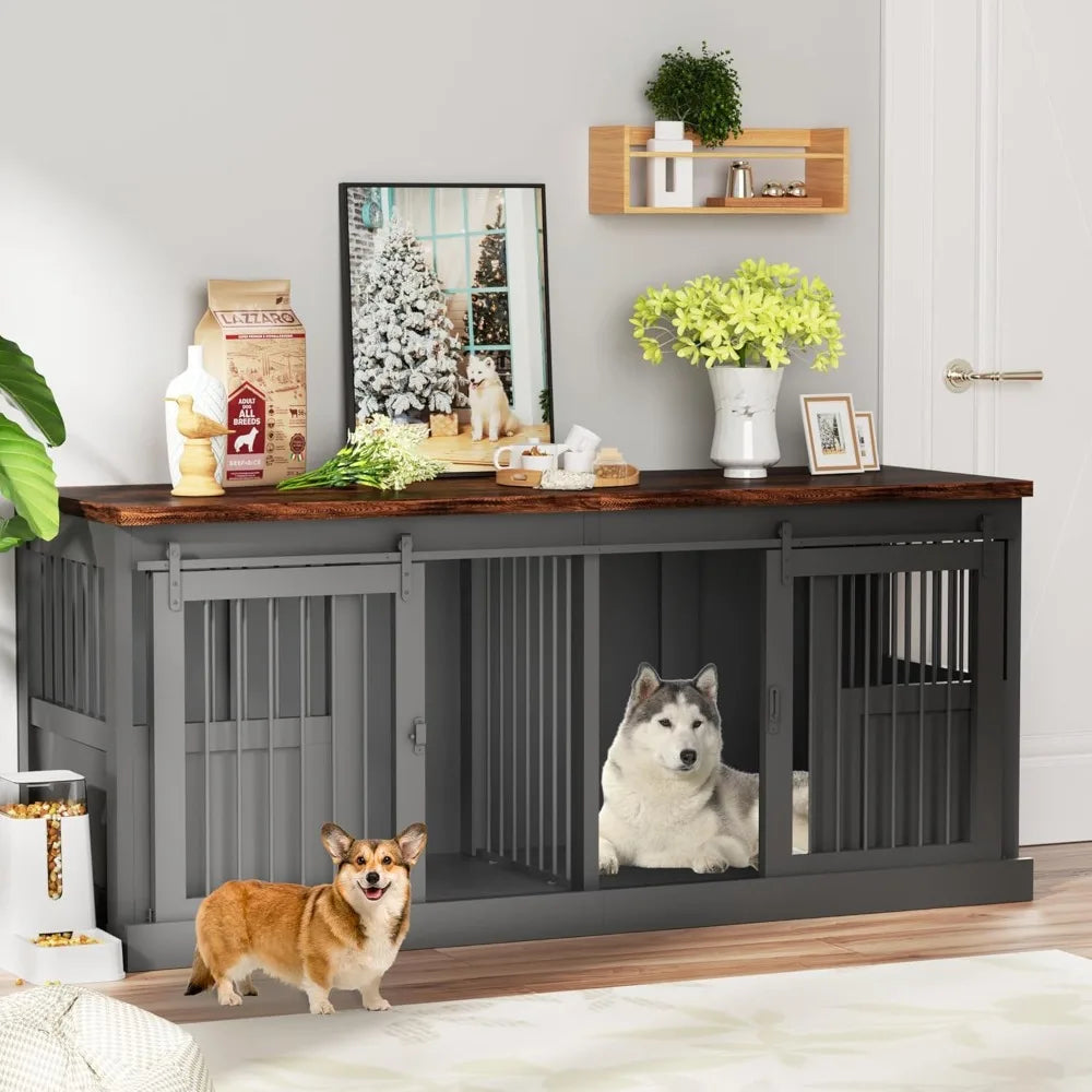 71-Inch Double Dog Crate Furniture | Heavy-Duty Wooden Kennel for Two Dogs | Stylish and Durable Indoor Dog Cage