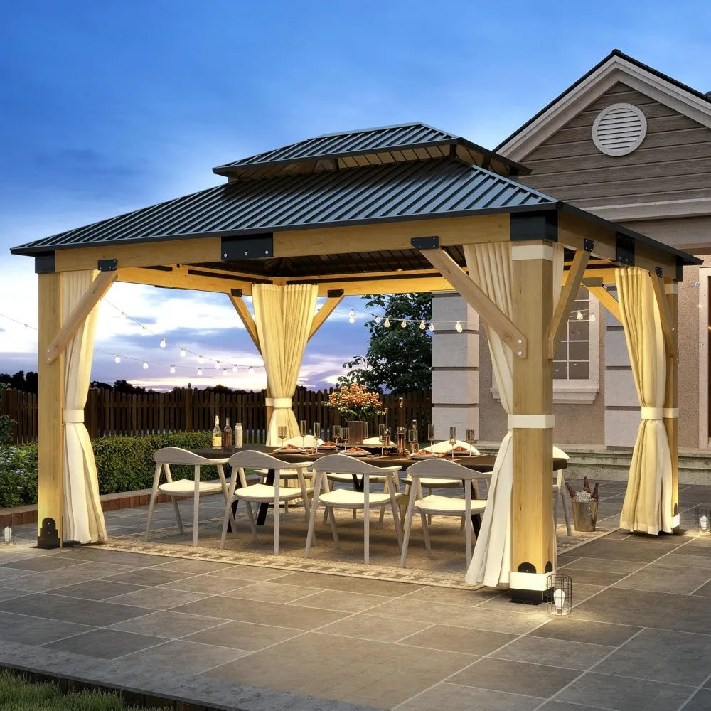 11'x13' Patio Wooden Gazebo | Galvanized Steel Roof with Privacy Curtains & Netting | Double Vented Hardtop Gazebo