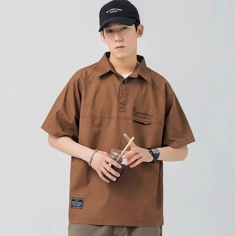 Summer American Vintage Short Sleeve Polo Cargo T-Shirt | Men Loose Casual Polos Homme Tee Tops | Y2K Streetwear Fashion Golf Wear