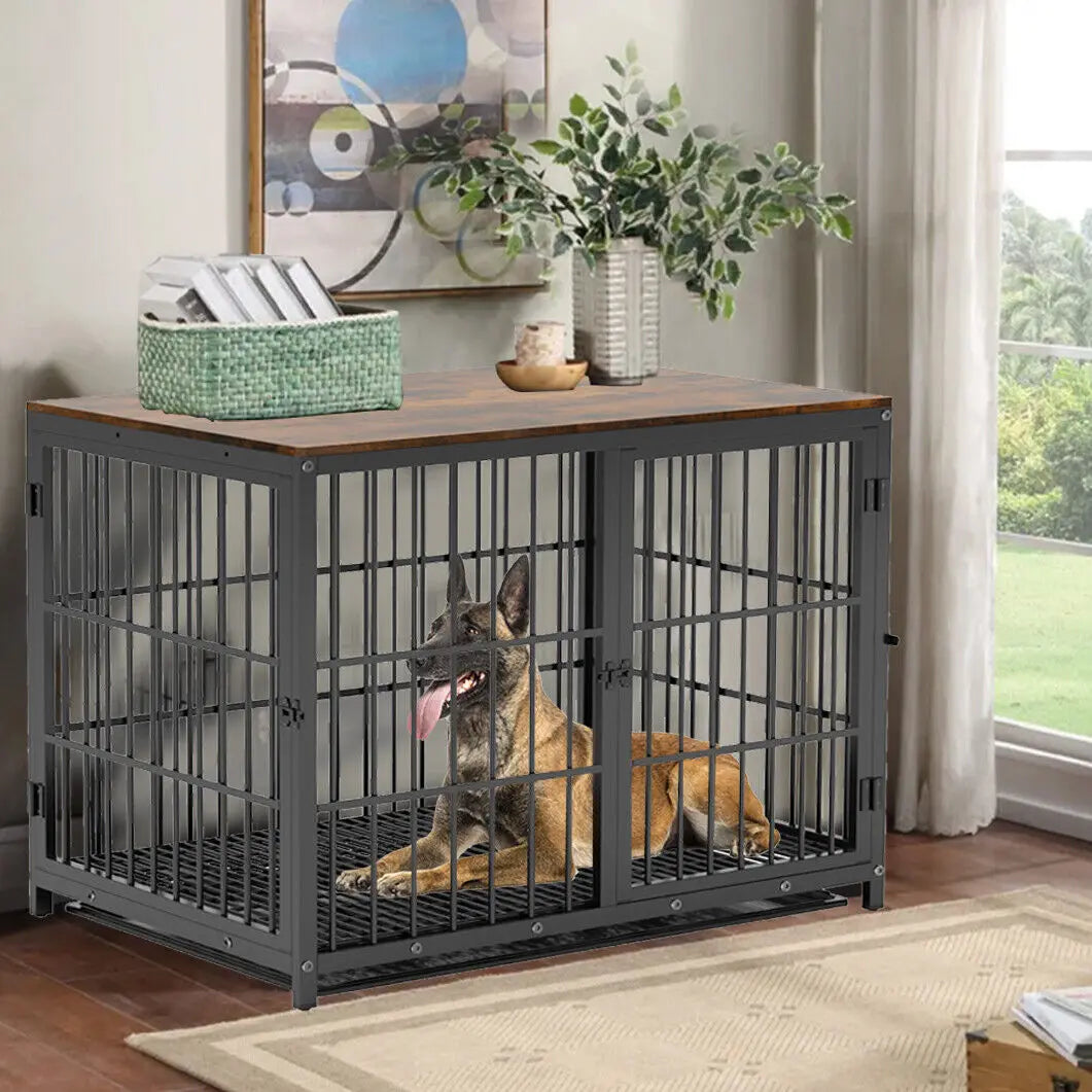 Furniture-Style Dog Crate | Metal and Wood Pet Kennel End Table with Three Doors and Removable Tray