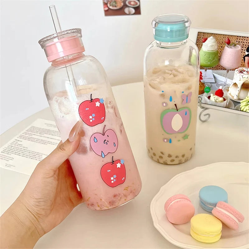 Kawaii Glass Straw Water Bottles For Girls | Transparent Glass School Leakproof Heat Resistant Juice Milk Tea Drinkware Water Cup | Alo Trendy