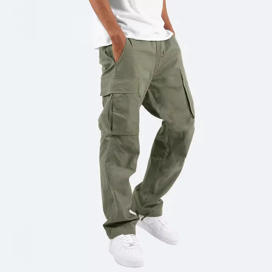 Men's Cotton Loose Sports Trousers for Men | Solid Color Multi-Pocket Drawstring Cargo Pants | Comfortable and Versatile Casual Wear