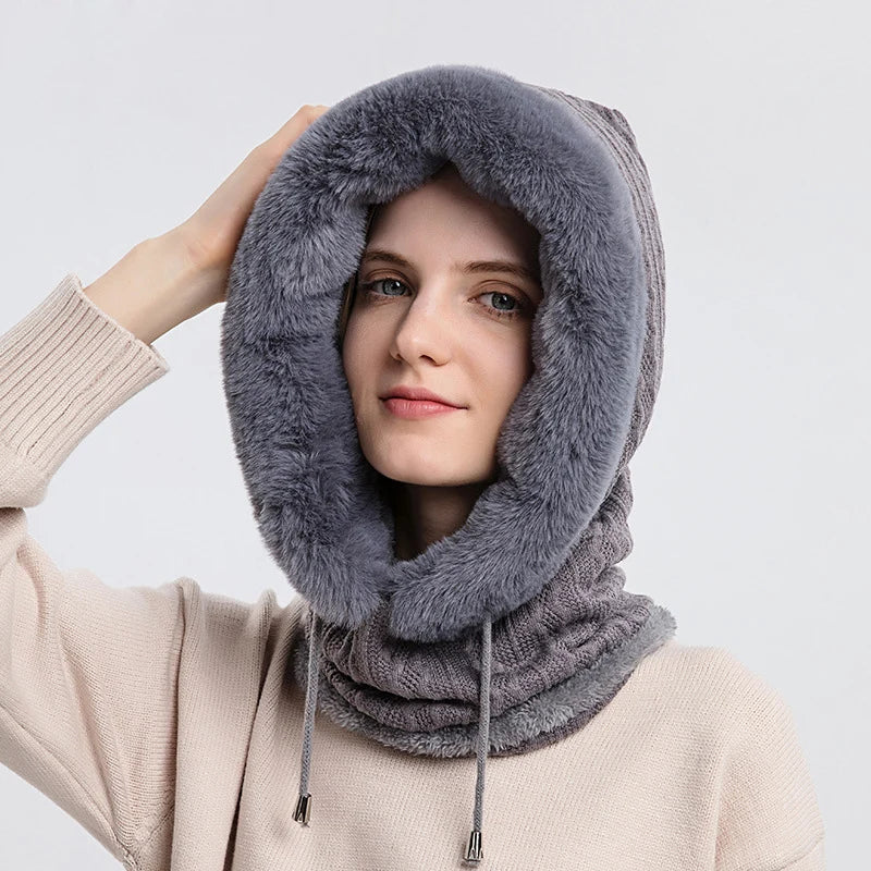 Winter Hat for Women with Hooded Face Mask | Thickened Style Knitted Cashmere Neck Scarf Beanie | Fluffy Warm Hooded Cap Neck Warmer