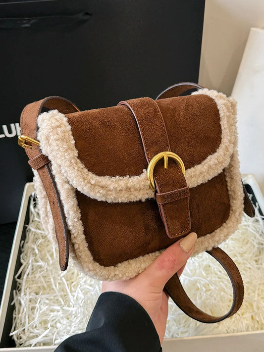 Vintage Women Mini Furry Splice Square Pack 2023 Autumn Winter Suede Shoulder Bag Fashionable Versatile Female Messenger Bags