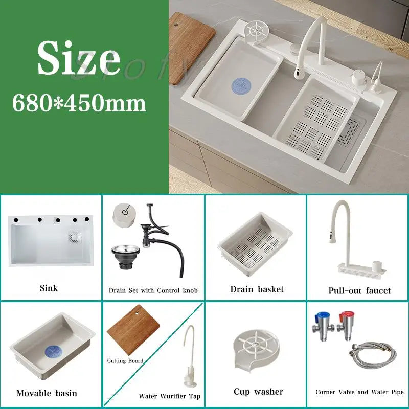 White/Balck/Grey 304 Stainless Steel Waterfall Kitchen Sink Single Bowl Wash Basin Home Sink Topmount  Workstation Drainage Set