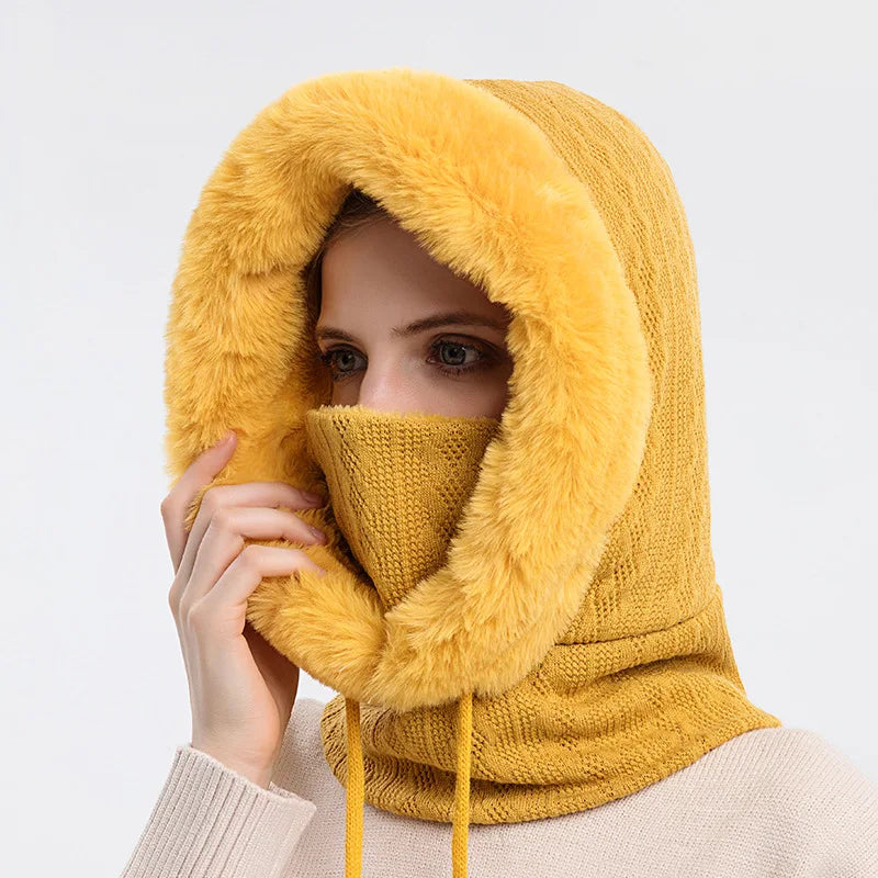 Winter Hat for Women with Hooded Face Mask | Thickened Style Knitted Cashmere Neck Scarf Beanie | Fluffy Warm Hooded Cap Neck Warmer