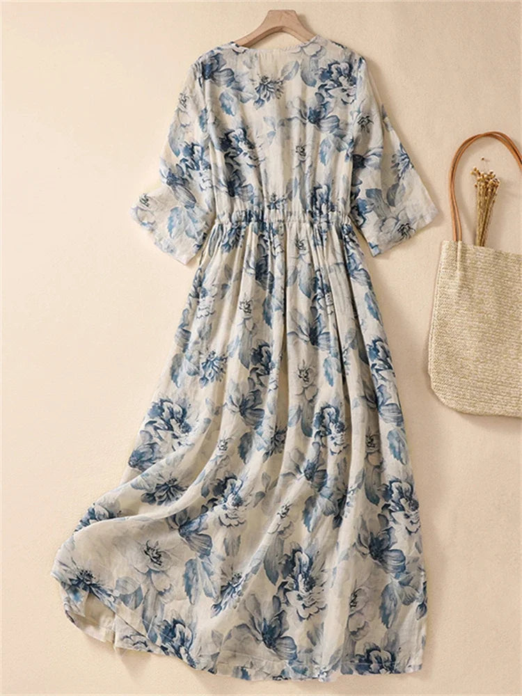 Cotton Short Sleeve Print Vintage Long Dress for Women | New Summer Casual Loose Dress | Femme Robe Vestidos Elegant Clothing V178 | Alo Trendy