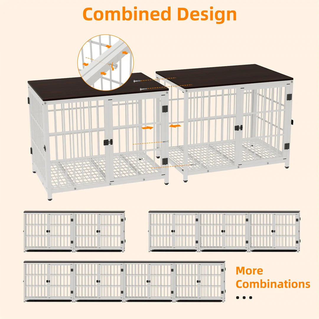 Dog Crate Furniture White Pet Kennel | Black Metal Cage End Table with Three Doors and Removable Tray | For Small, Medium, and Large Dogs