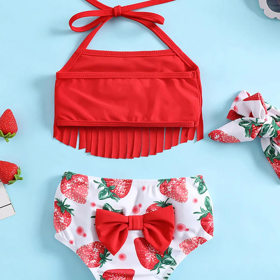 Children Quick-Dry Swimwear | Baby Strawberry Pattern 3 Piece Bikini Set | Girls Tassel Halter Swimsuit with Bottom and Headband | Alo Trendy