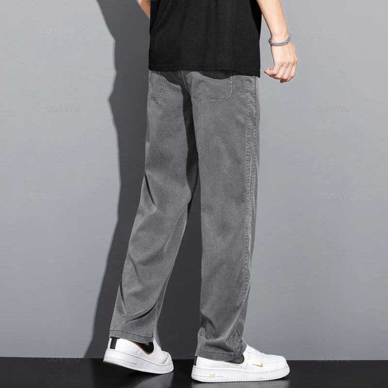 Summer Thin Soft Lyocell Fabric Jeans | Men’s Loose Straight Wide-Leg Pants | Drawstring Elastic Waist Casual Trousers | Plus Size Available