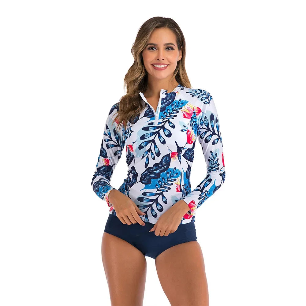 Long Sleeve Rash Guard Women Print Two Piece Swimsuit | Zipper Swimwear Plus Size Bathing Suit S-2XL | Surfing Suit High Neck Beach | Alo Trendy