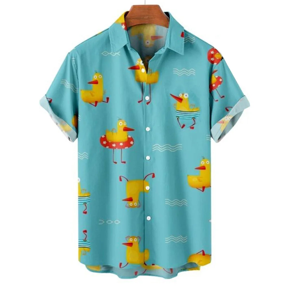 Duck 3D Print Summer Beach Shirt for Men | Floral Fashion Hawaiian Casual Short Sleeve | Single-Breasted Imported Streetwear Clothing