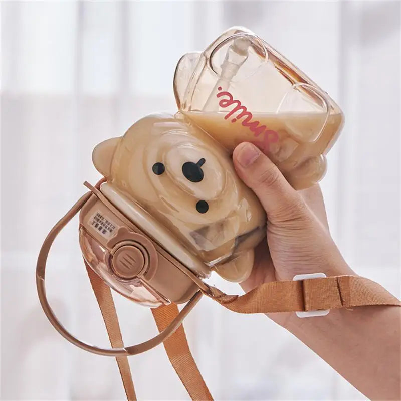 Liter Water Bottle Cartoon Bear | Plastic Water Cup with Straw | Cute Drinking Cup | Portable Mug for Children | Kawaii Strap Kettle | Alo Trendy