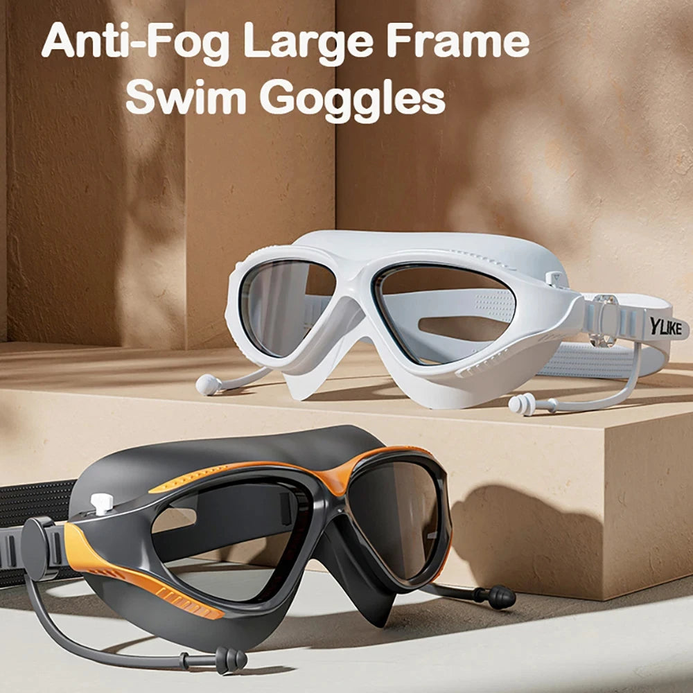 Adjustable Swimming Goggles for Adults | Big Frame with Earplugs | Professional HD Anti-Fog Silicone Swim Glasses for Men and Women