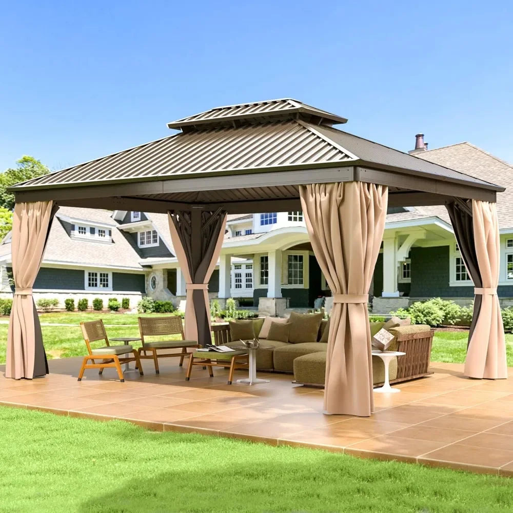 10x12 FT Hardtop Gazebo | Aluminum Frame with Galvanized Steel Double Roof | Permanent Outdoor Gazebo with Nettings and Curtains