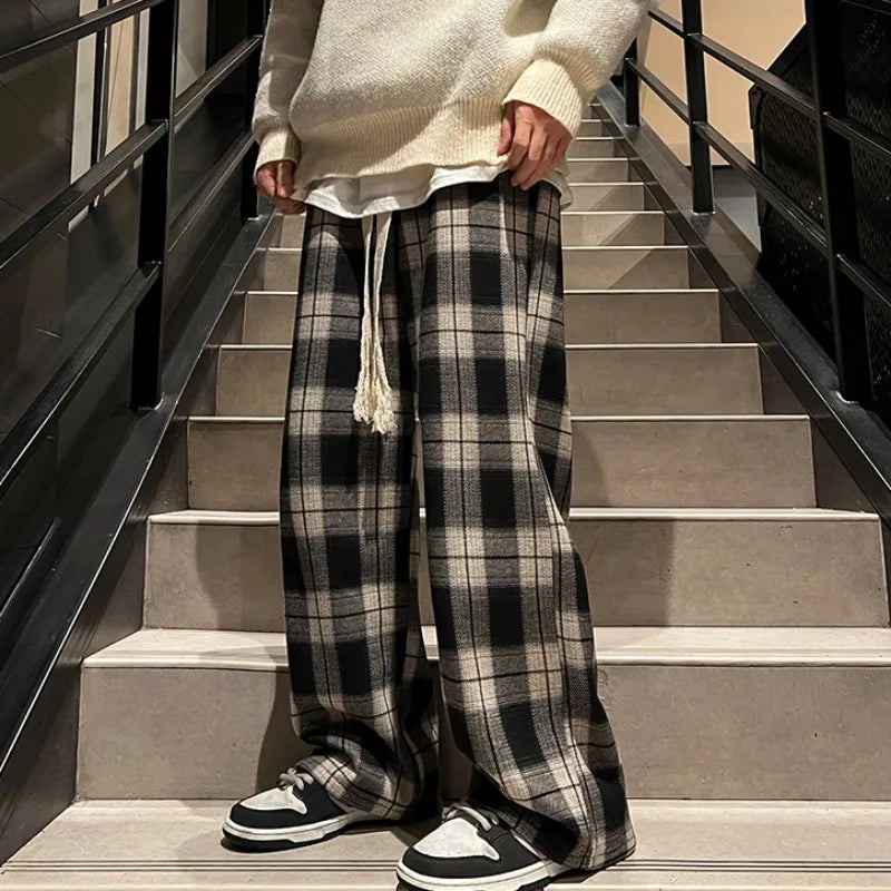 Men's Winter Retro Plaid Wide-Leg Trousers | Harajuku High Street Loose Plus Fleece Thick Straight Casual Pants