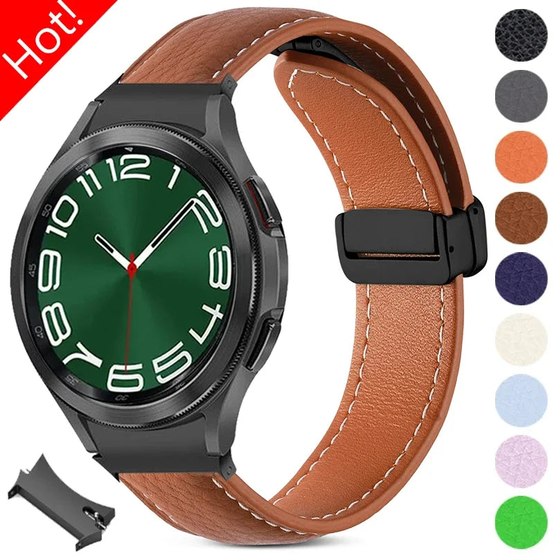 Leather Band for Samsung Galaxy Watch | Classic 46mm 42 43 47mm 6 5 4 40mm 44mm 5 Pro 45mm | No Gaps Watch Strap with Magnetic Buckle | Alo Trendy