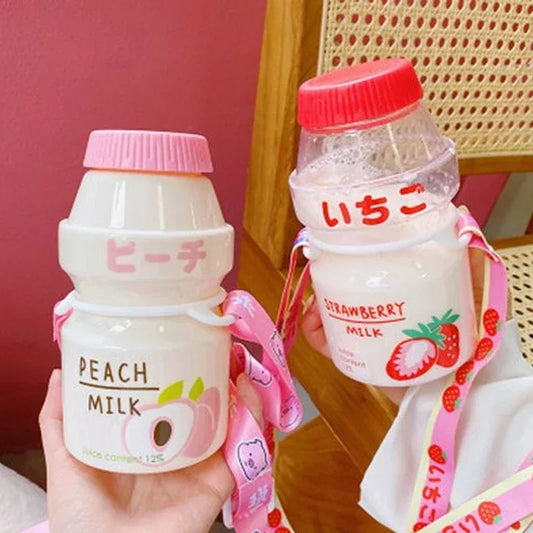 450ml Yogurt Plastic Water Bottle With Strap | Cute Carton Kawaii Tour Fruit Drinking Milk Bottle | Portable Leakproof Cute Bottle | Alo Trendy