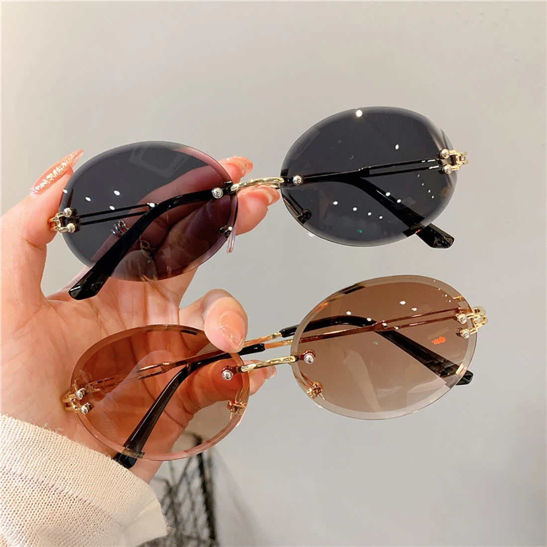 Small Frame Fashion Rimless Y2K Sunglasses for Women | Luxury Brand Designer Retro Tear Shape Party Eyewear