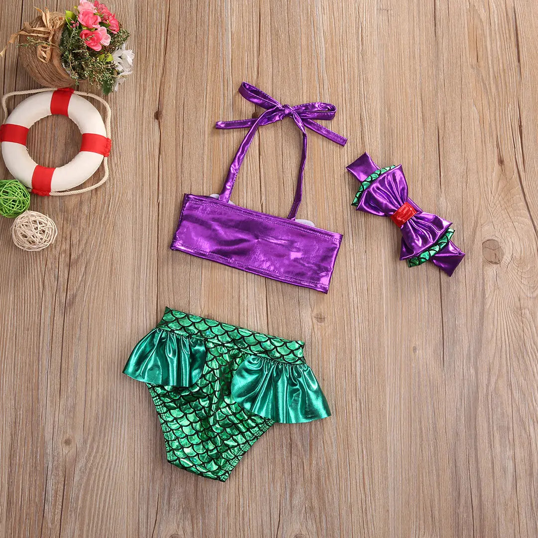 3-Piece Girl Fish Scale Bikini Set | Lace-Up 3D Swimsuit Triangle Underwear | Bow Elastic Headband for Summer Swimwear | 0-5T | Alo Trendy