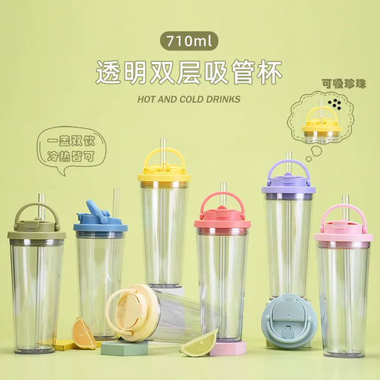 Reusable Double Wall 700ml Clear Plastic Cup | Cold Cup with Straw and Lid | Kawaii Water Bottle | Perfect for Summer Drinks | Alo Trendy