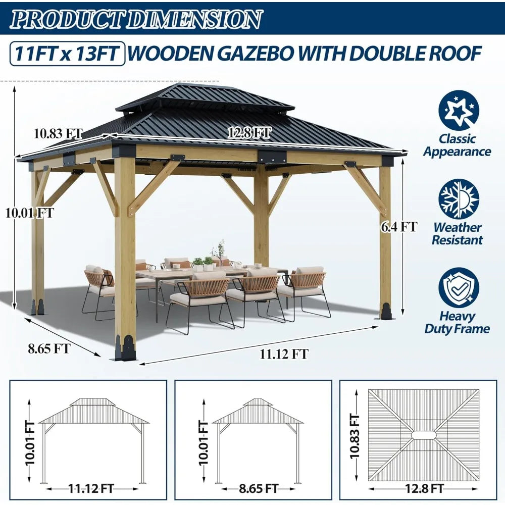 11FT x 13FT Outdoor Cedar Wooden Gazebo | Patio Wood Frame with Galvanized Steel Hardtop | Heavy-Duty Hardtop Gazebo