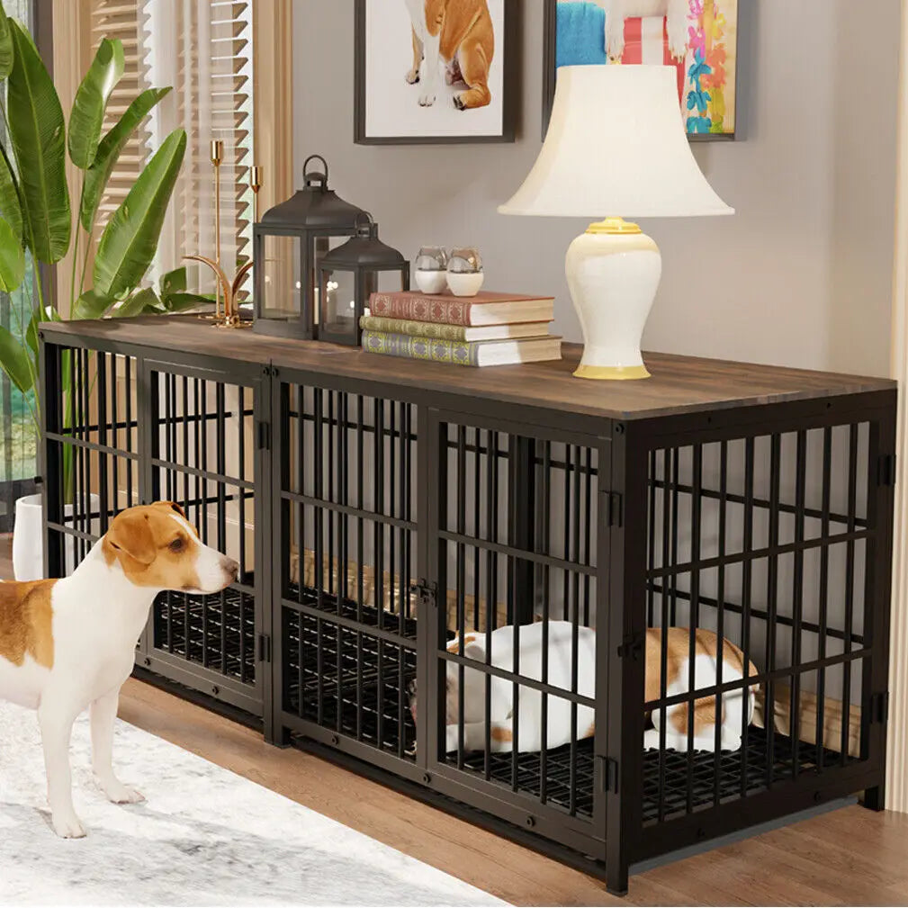 Furniture-Style Dog Crate | Metal and Wood Pet Kennel End Table with Three Doors and Removable Tray