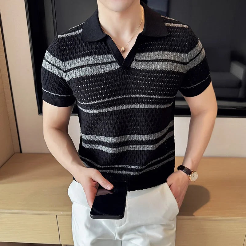 Men Polo Shirt Summer New Thin Knitted Striped Jacquard Patchwork Color Short Sleeved Casual V-neck T-shirt Men Clothing