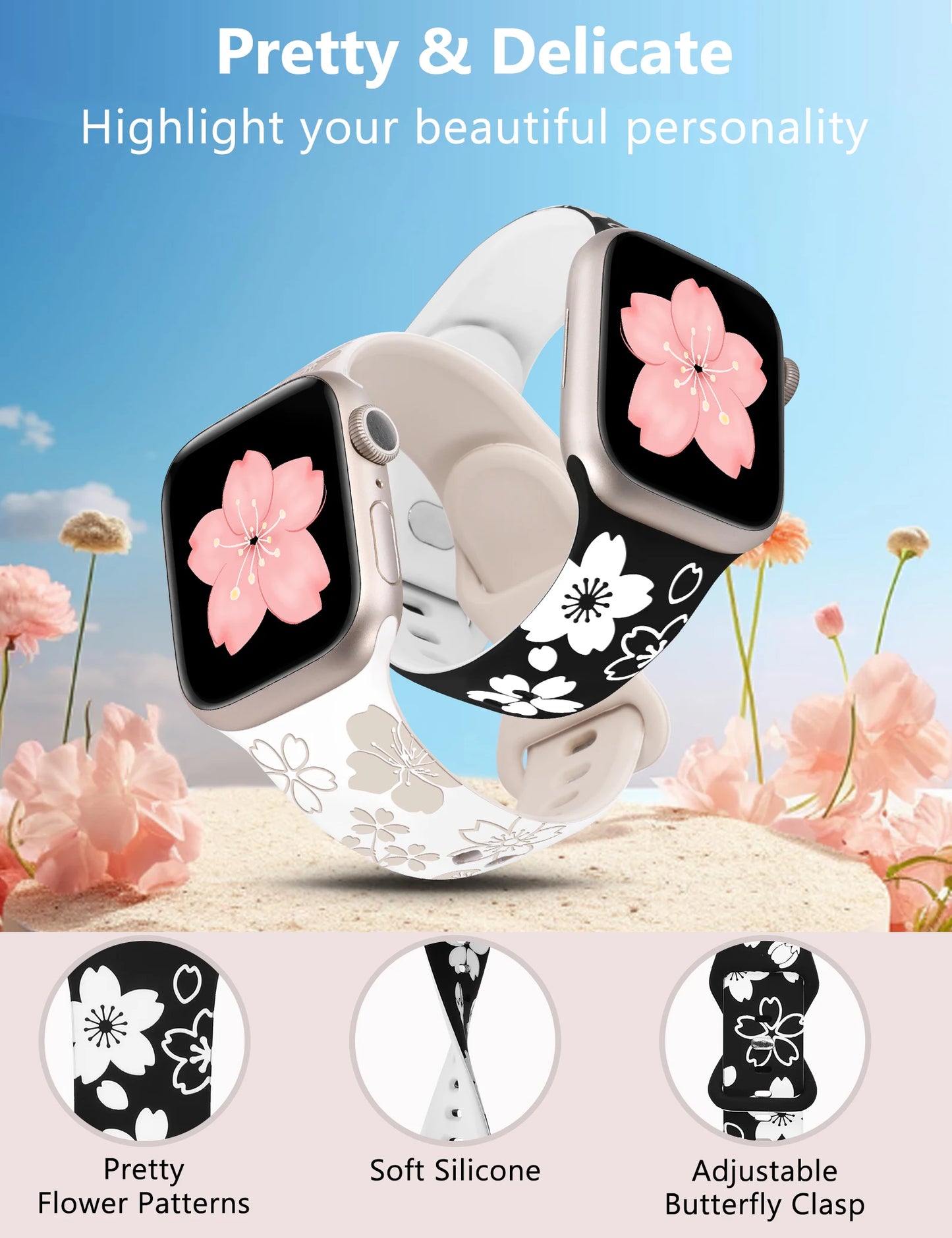 2pcs Floral Engraved Band for Apple Watch | Two-Tone Flower Strap for iWatch Ultra 9 8 7 6 5 4 3 2 SE | 45mm, 40mm, 38mm | Alo Trendy