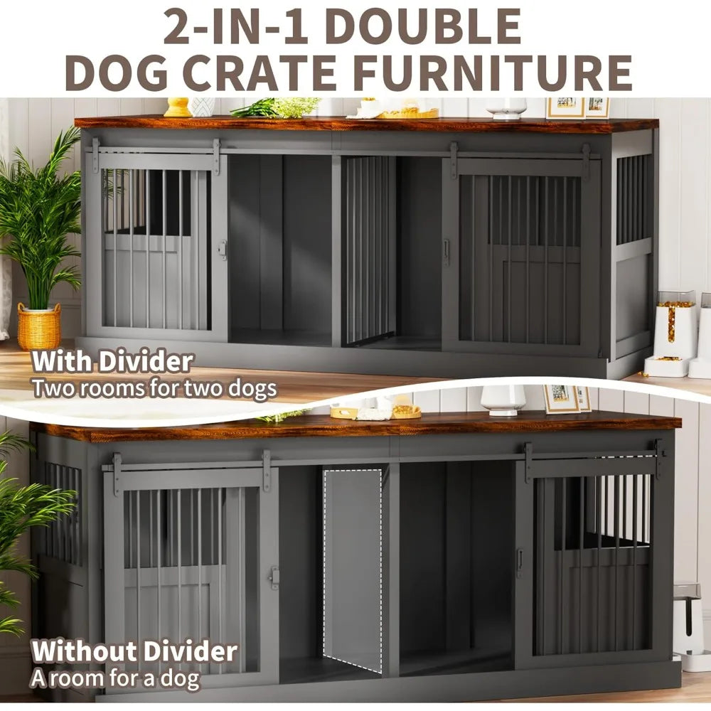 71-Inch Double Dog Crate Furniture | Heavy-Duty Wooden Kennel for Two Dogs | Stylish and Durable Indoor Dog Cage