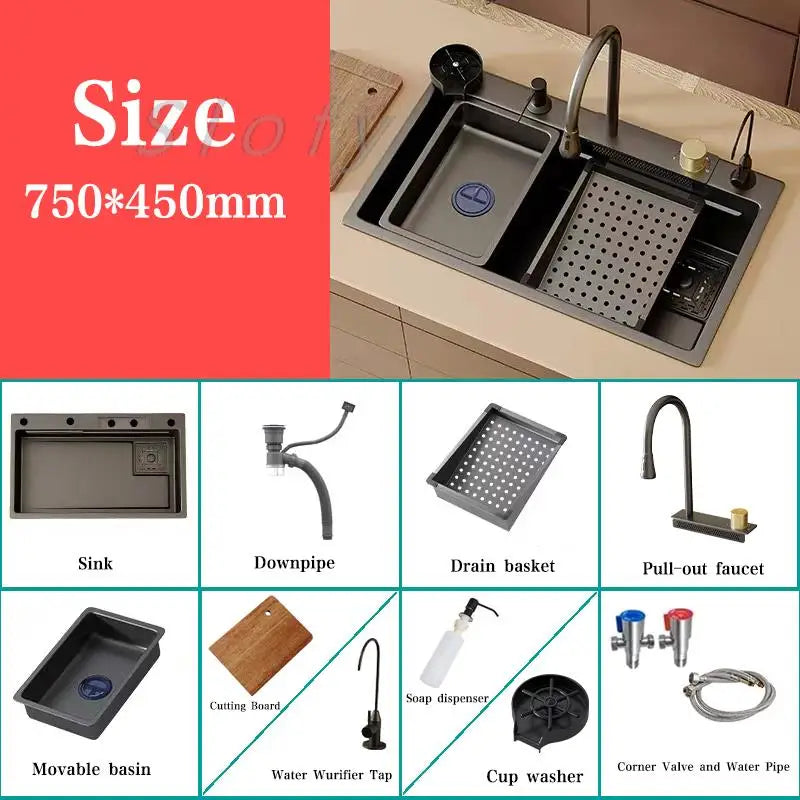 White/Balck/Grey 304 Stainless Steel Waterfall Kitchen Sink Single Bowl Wash Basin Home Sink Topmount  Workstation Drainage Set