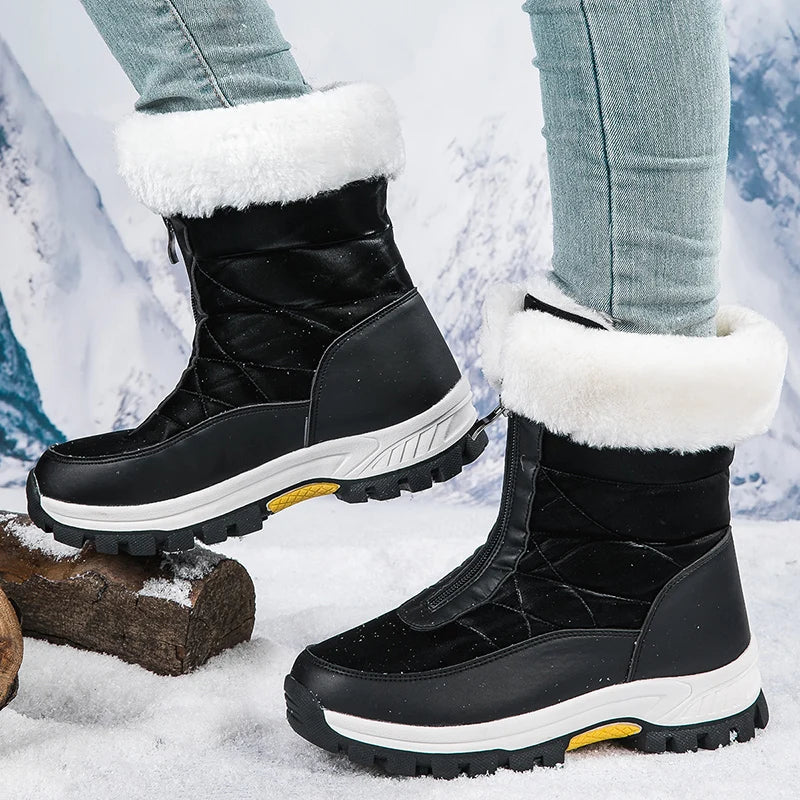 Winter New Women's Boots | Thick-Soled Warm High-Cut Snow Boots with Waterproof Fur Lining | Comfortable Plush Outdoor Walking Shoes in White