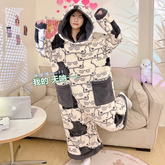 Winter Kigurumis Women Kawaii Onesie Sleepwear Kawaii Pig Print Pajama Coral Fleece Hooded Festival Thicken Warm  Nightwear