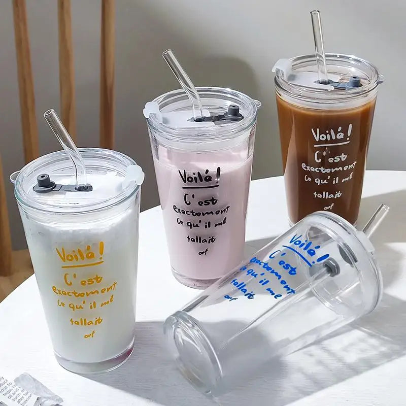 Kawaii Household Transparent Glass Water Cup Cartoon Breakfast Cup Straw with Lid Milk Juice Water Cup Glass Sippy Cup Kid Gift | Alo Trendy