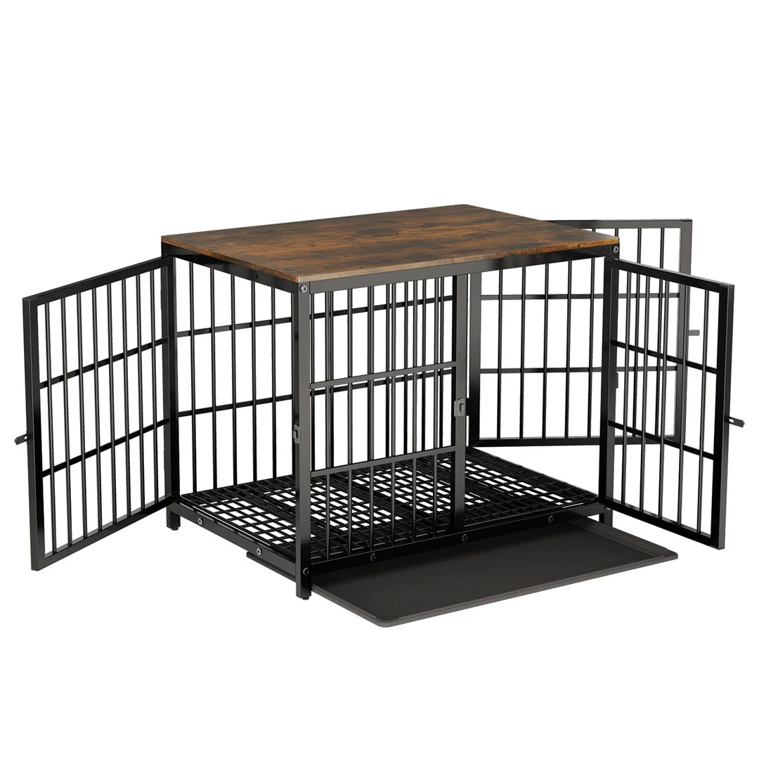 Dog Crate Furniture White Pet Kennel | Black Metal Cage End Table with Three Doors and Removable Tray | For Small, Medium, and Large Dogs