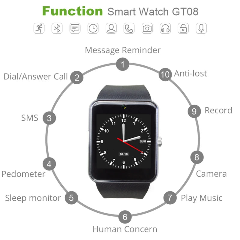 GT08 Smartwatch with Sync Notifier | SIM & TF Card Support | Bluetooth Connectivity | Camera | Sports Tracker | Android-Compatible