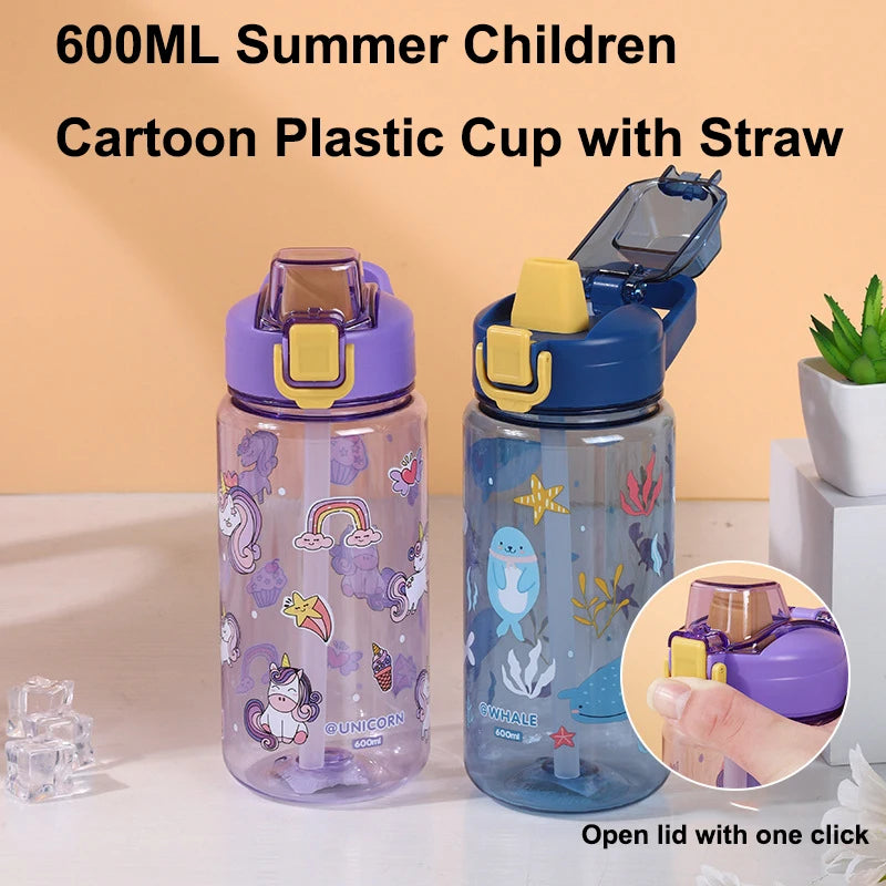 600ML Children Cartoon Plastic Cup with Straw | Portable Student Anti-falling Hot Water Bottle | Toddlers Beverage Kettle | Alo Trendy