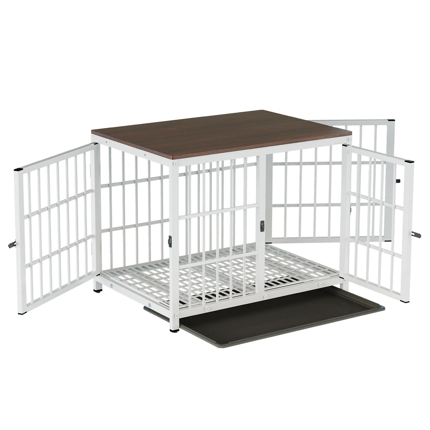 Dog Crate Furniture White Pet Kennel | Black Metal Cage End Table with Three Doors and Removable Tray | For Small, Medium, and Large Dogs