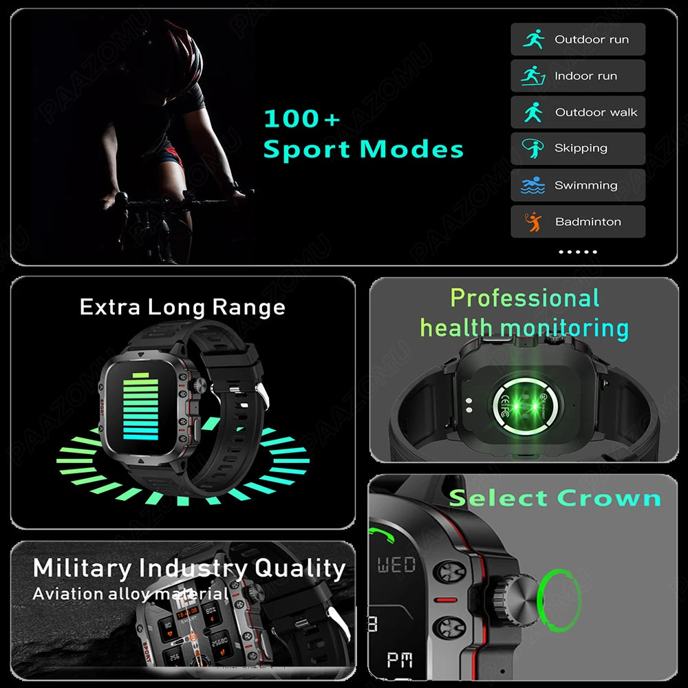 New Smartwatch Men's Rugged Military Bluetooth Call Sport | Heart Rate Monitor IP68 Waterproof Outdoor Smart Watches | Compatible with Android and iOS