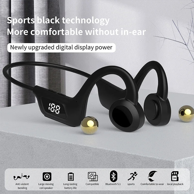 Digital Display Bone Conduction TWS Wireless Bluetooth Earphones with MP3 Memory Card | Behind-the-Neck Running Sports Headphones