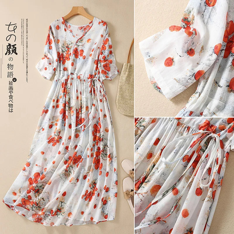 2024 New Arrival Thin Light Soft Cotton Blend Print Floral Vintage Summer Dress | Slim Waist Fashion Women Casual Midi Dress | Alo Trendy