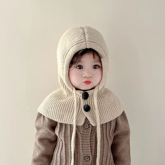 Winter Kids Knitted Hooded Cap Girls Boys Korean Outdoor Warm Drawstring Hats One-piece Scarf Neck Collar Beanie Balaclava Hat