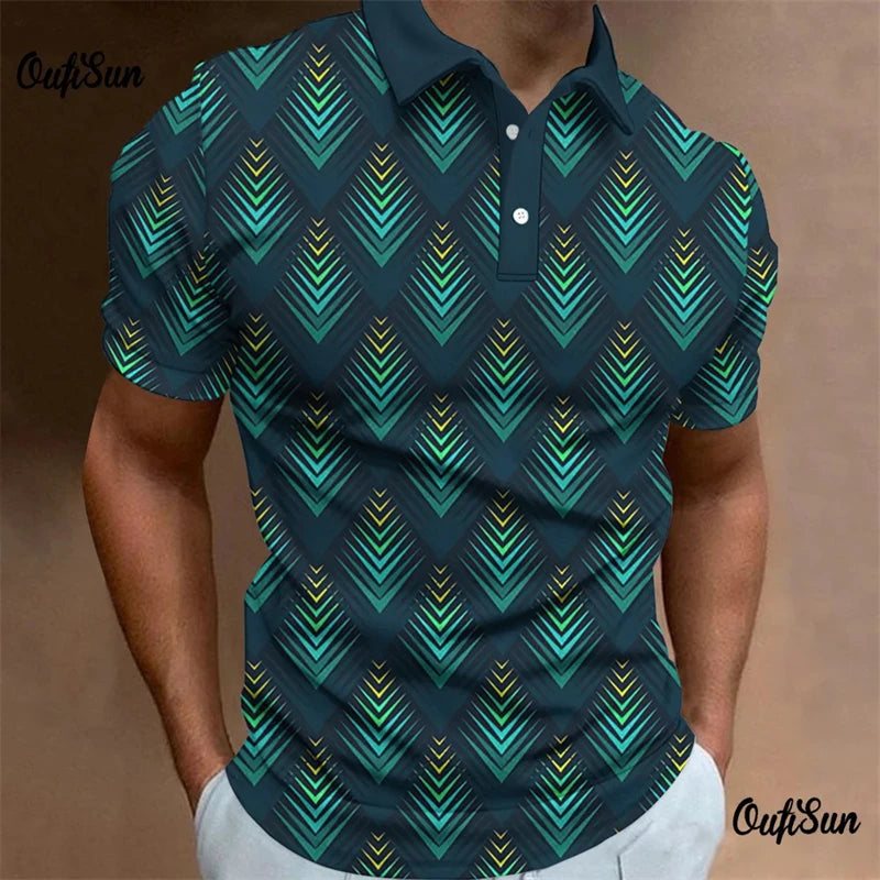 3D Geometry Print T-Shirt for Men | Fashion Lapel Short Sleeve Oversized Casual Golf Blouse | Button Tops Men's Clothing