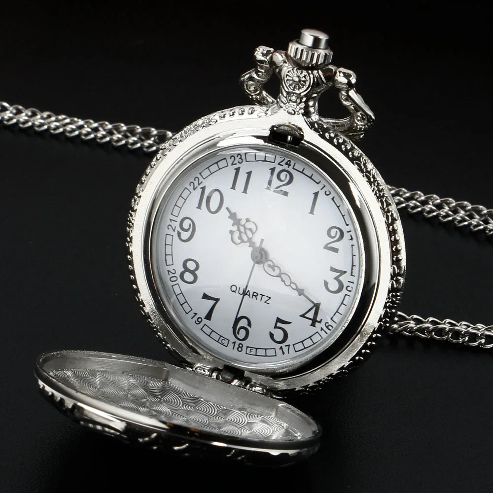 Vintage Antique Steam Train Design Pocket Watch with Chain Necklace | Retro Quartz Pendant FOB Chain Watches