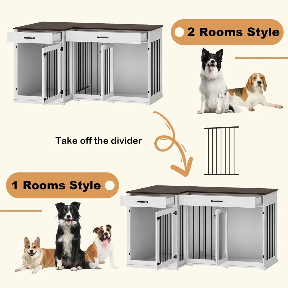 59" Wooden Dog Crate Furniture for Two Dogs | Furniture-Style Dog Kennel with Double Rooms, Drawers, and Removable Divider