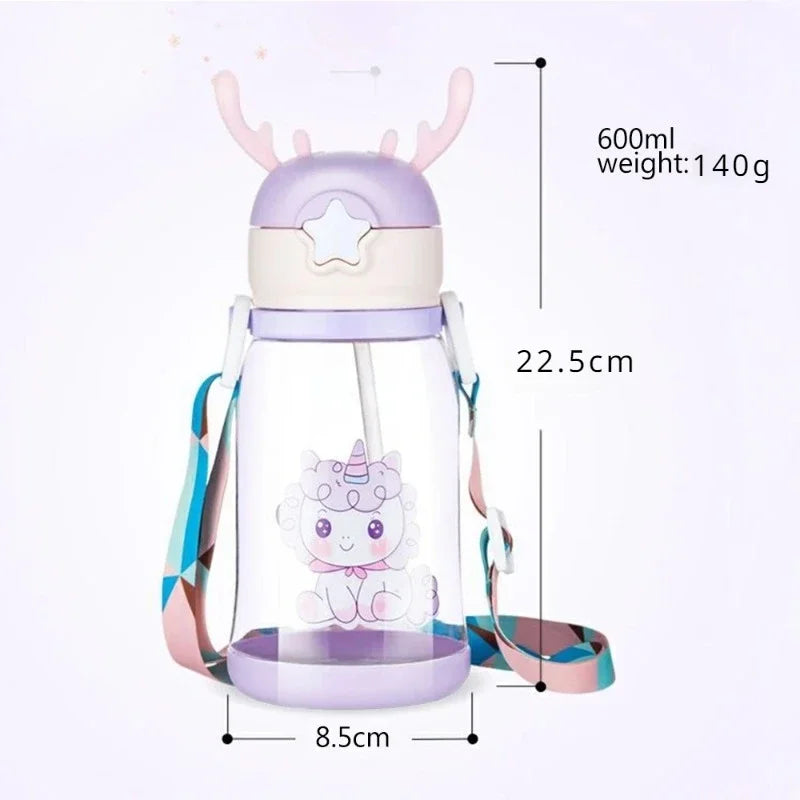 600ml Antler Sippy Cup Kawaii Water Bottle with Straw | Portable Kids Leakproof Jug Outdoor Sports Bottles | Children's Drinkware Alo Trendy