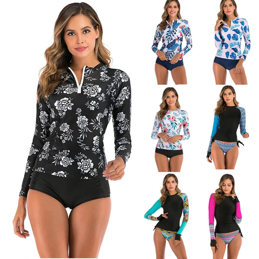 Long Sleeve Rash Guard Women Print Two Piece Swimsuit | Zipper Swimwear Plus Size Bathing Suit S-2XL | Surfing Suit High Neck Beach | Alo Trendy